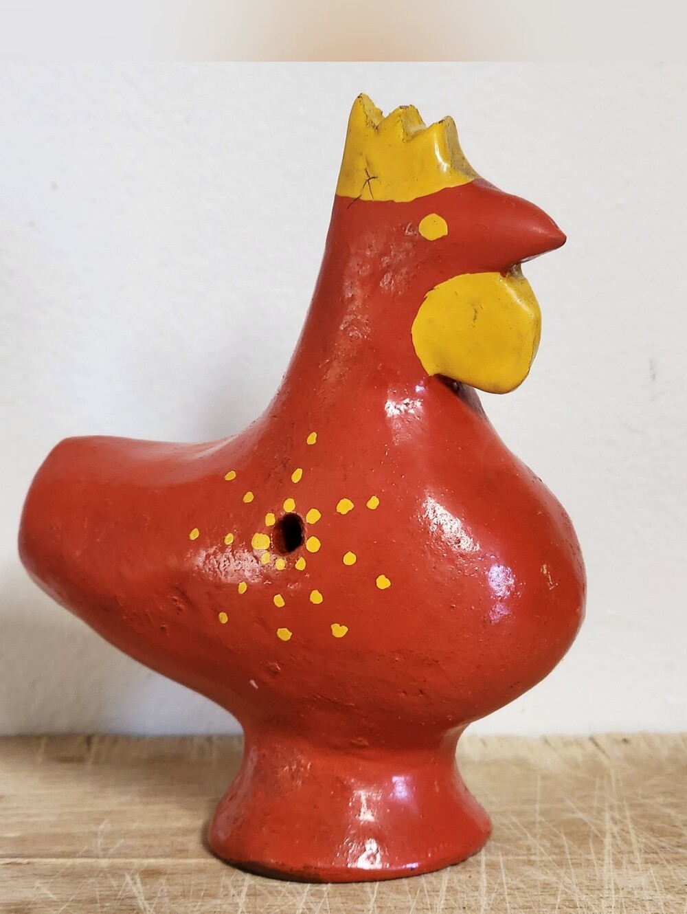 Vintage Clay Whistle Rooster Handmade Ocarina Red Yellow Folk Art 4"